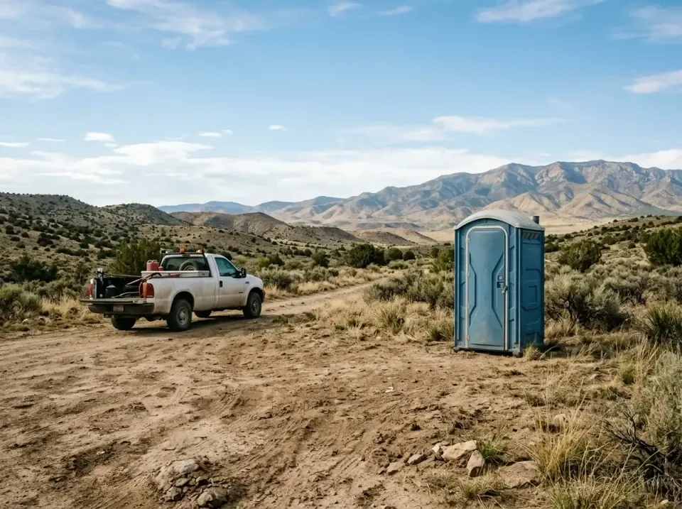 Portable Toilet — Remote Location — Portable Toilet, Pickup Truck, Dirt Road, Remote Location, Portable Toilet Rental in Mia…